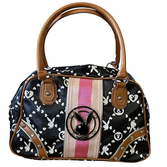 PLAYBOY Handbags - RARE Vintage Monogram Playboy Purse Satchel Black and Pink With Silver Hardware
